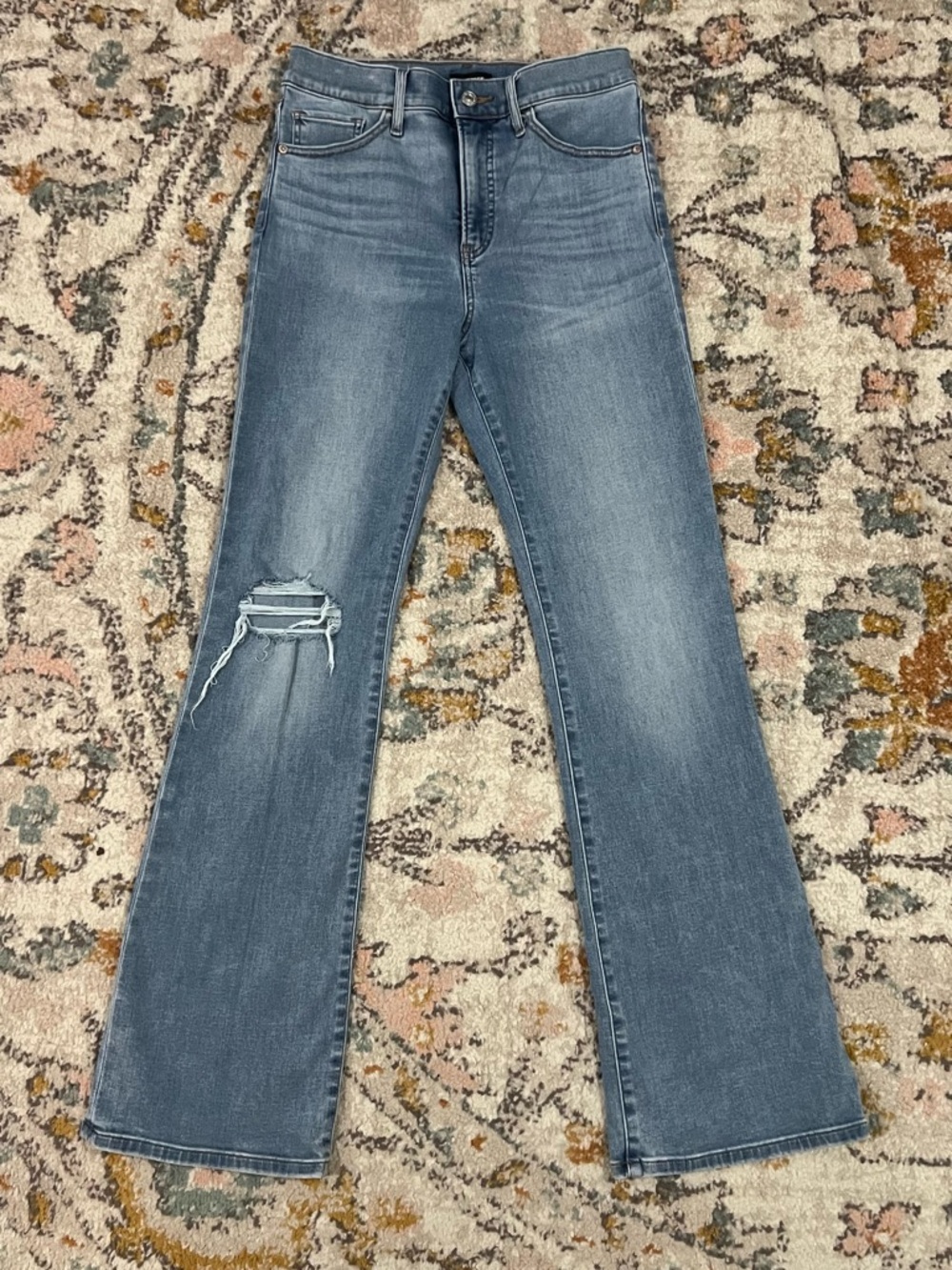 Express Light-Medium Blue Boot High Rose Jeans with Knee Rip